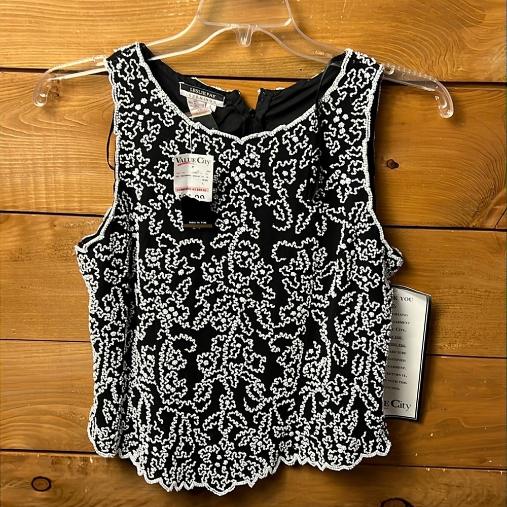 Leslie Fay Evening Women Black White Sequin Vintage Top L sleeveless 90s event